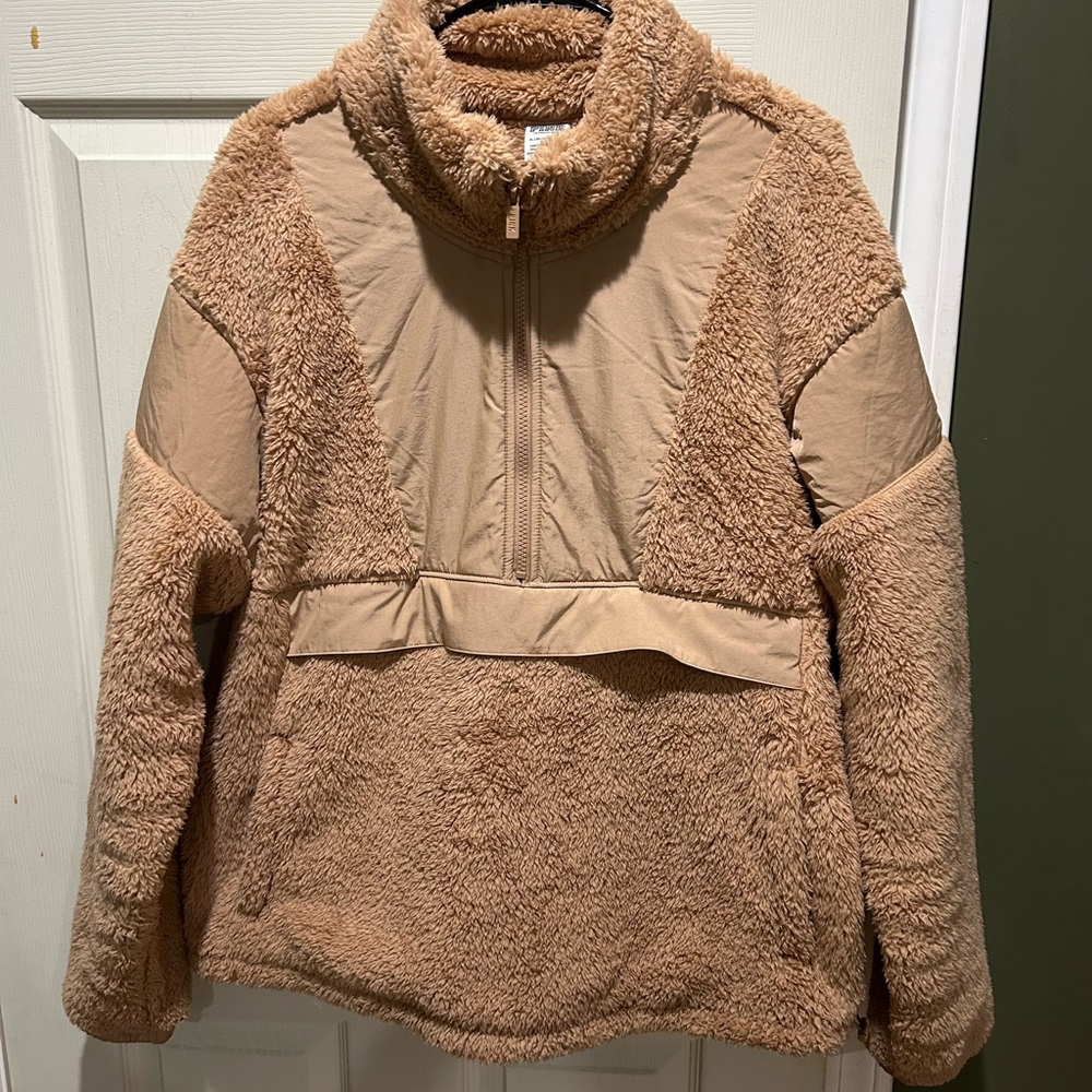 PINK Cozy Tan Sherpa Pullover half zip up